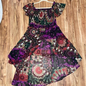 Truth NYC women’s shirt large top tunic Dark floral flowy black sheer stretch